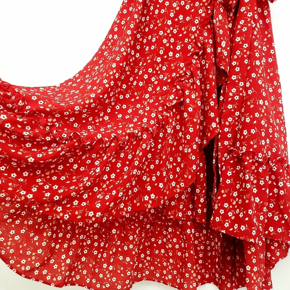 Nwot Max Studio Red Floral Flutter Sleeve Wrap Dress - Picture 7 of 14
